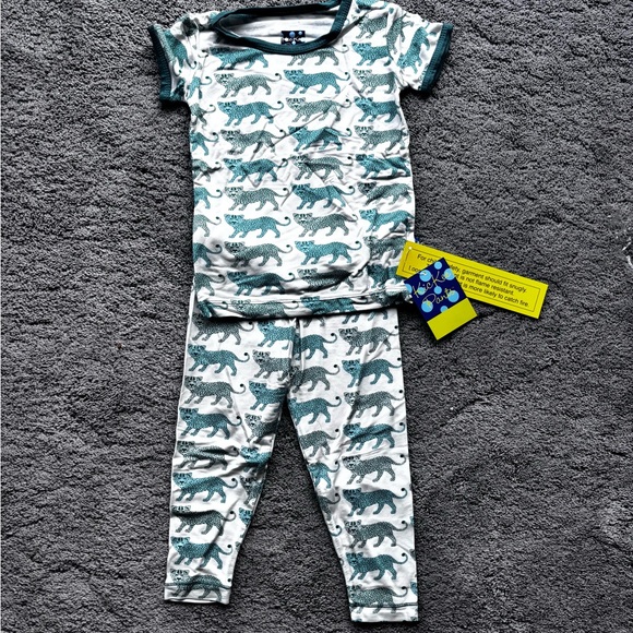 Kickee Pants Teal and White Dinosaur Pajama Set - Picture 1 of 4